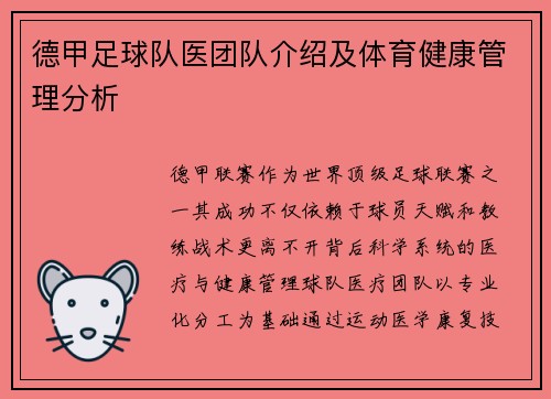 德甲足球队医团队介绍及体育健康管理分析